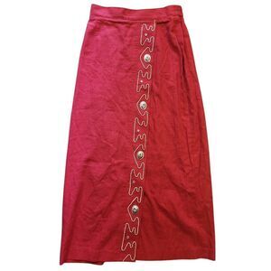 Vintage New Frontier Skirt Women's Small Red Linen Maxi Western Embroidered